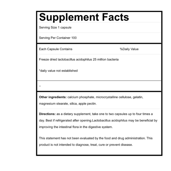 ACIDOPHILUS LACTOBACILLIN FREEZE DRIED 25 MILLION FRIENDLY BACTERIA, 100 CAPSULES Online Sale